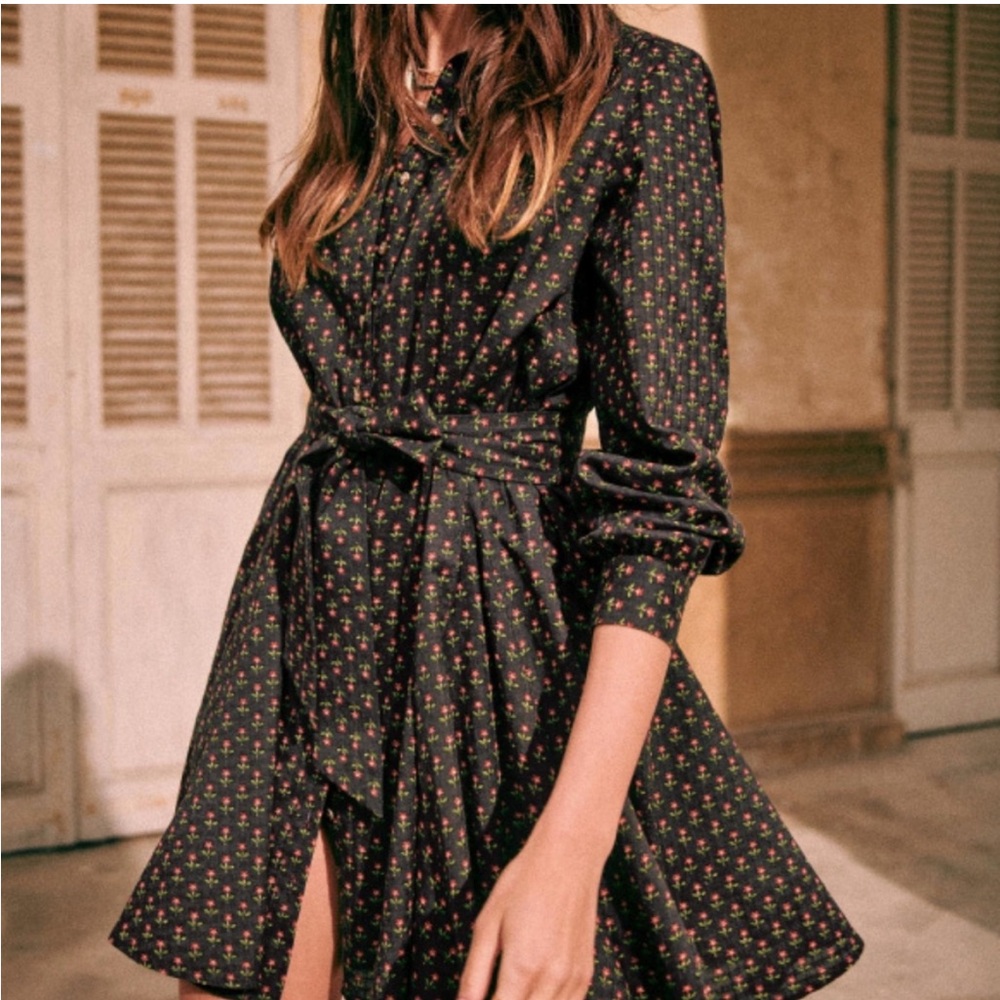 Sezane Black Dress with Pink and Green Floral Print